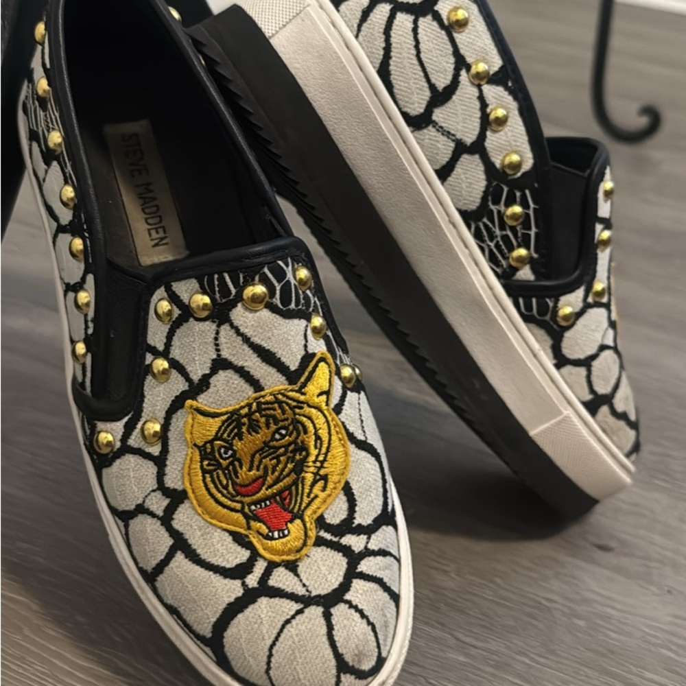 Steve Madden Black & White Studded Slip-On Mule with Gold Accents